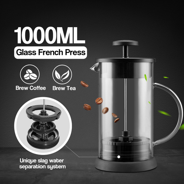 Stainless Steel Borosilicate French Press GlassCoffee Pot, Coffee Maker, Tea Pot 1000mL Brewer Precision slag water separation Q1218