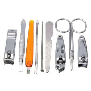 9Pcs Stainless Steel Nail Clippers Set Cuticles Remover Manicure Pedicure Case Acne Needle Ear-picke