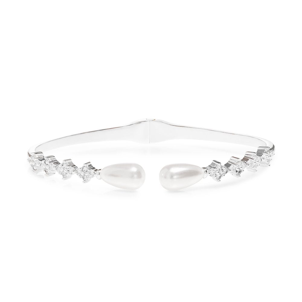 Silver Plated Cubic Zirconia Floral And Pearl Cuff Bangle