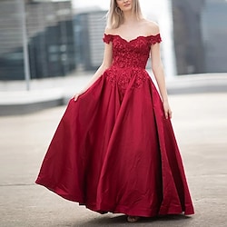 A-Line Maxi Elegant Wedding Guest Formal Evening Dress Off Shoulder Short Sleeve Floor Length Satin with Appliques Pure Color 2022 Lightinthebox