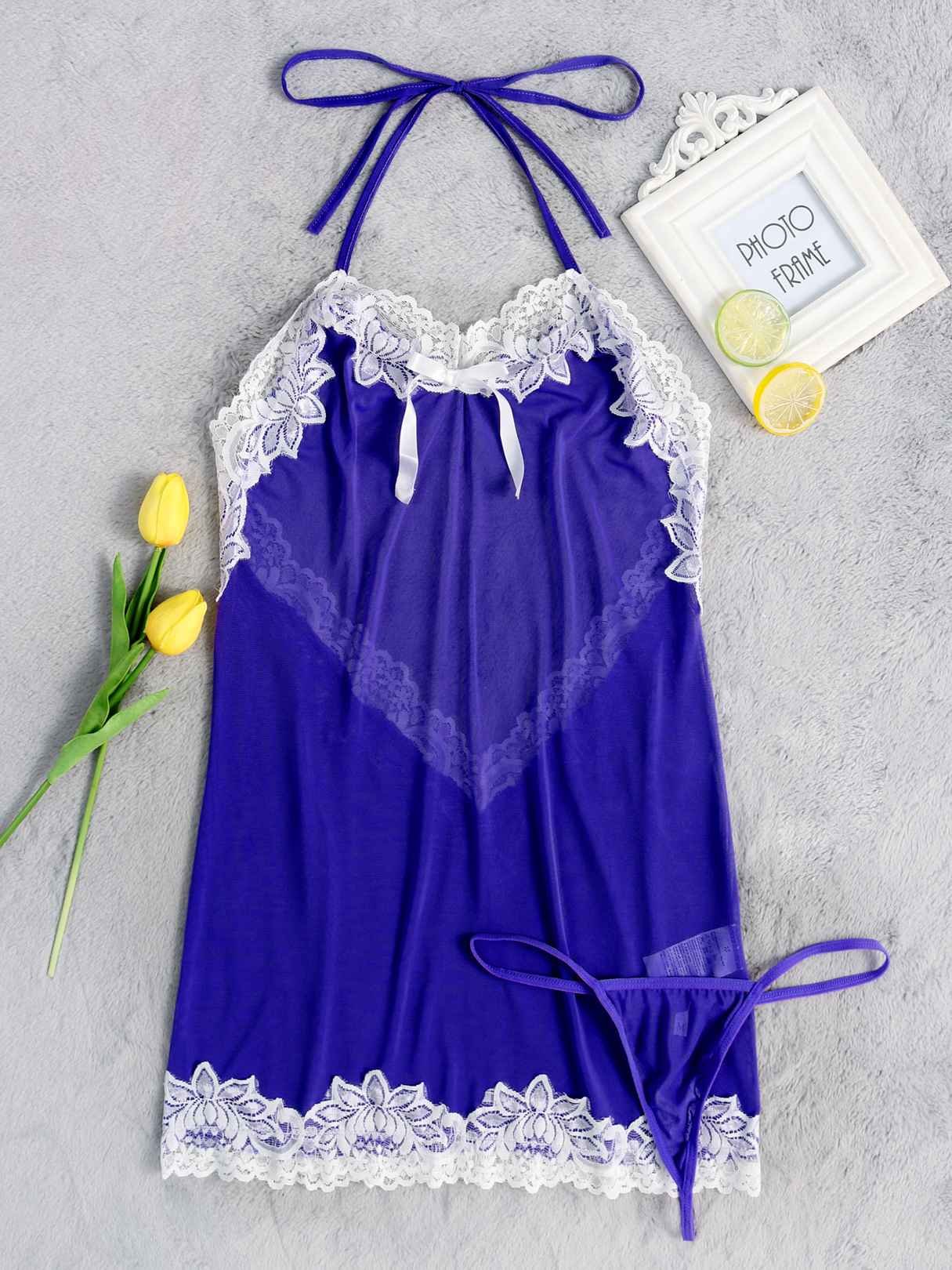 Blue Sexy Lace Insert Backless Halter Pajamas