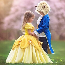 niños niñas 'la bella y la bestia princesa belle traje vestido de dibujos animados en capas de encaje fruncido amarillo maxi manga corta vestidos lindos ajuste regular miniinthebox