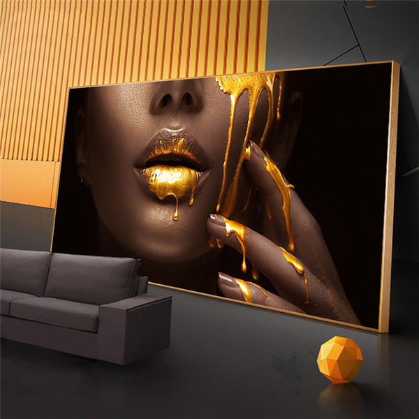 big size women face with golden liquid canvas painting on the wall art posters and prints decorative pictures for living room