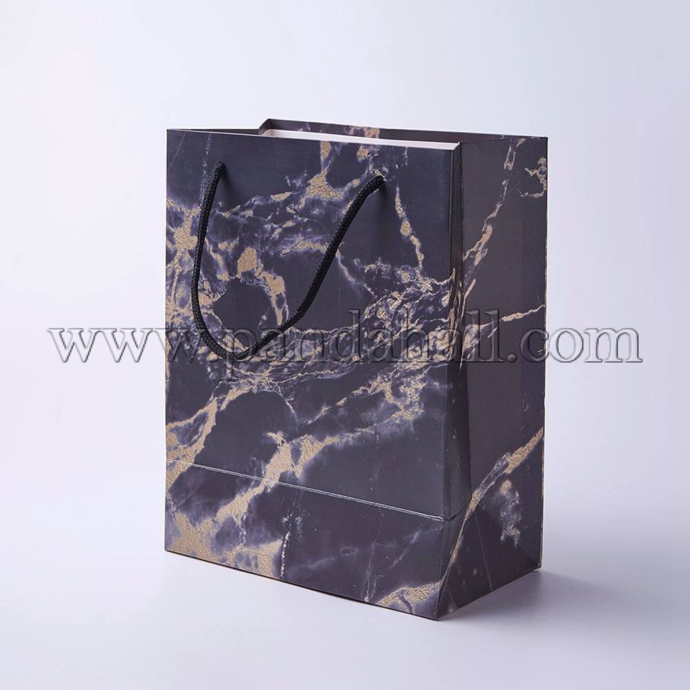 kraft Paper Pouches Gift Shopping Bags, Rectangle with Marble Texture, Black, 23x18x10cm
