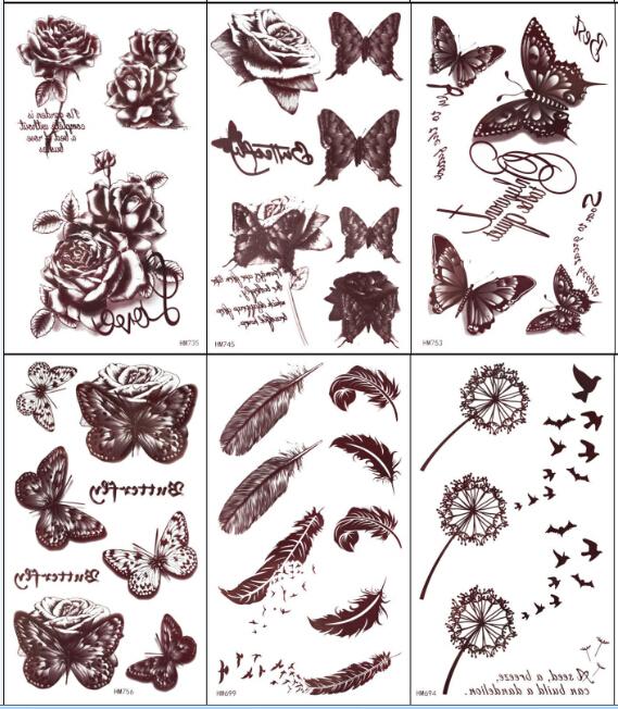 Brown Tattoo 3D Temporary Tattoo Sticker Flower Butterfly Birds Rose Design Body Art Party Tatoo tatuagem tatuaje
