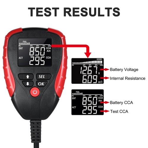 Testeur numérique de batterie de voiture 12V avec testeur et analyseur de charge de batterie automobile en mode AH / CCA pour le pourcentage de durée de vie de la batterie, la tension, la résistance et la valeur CCA
