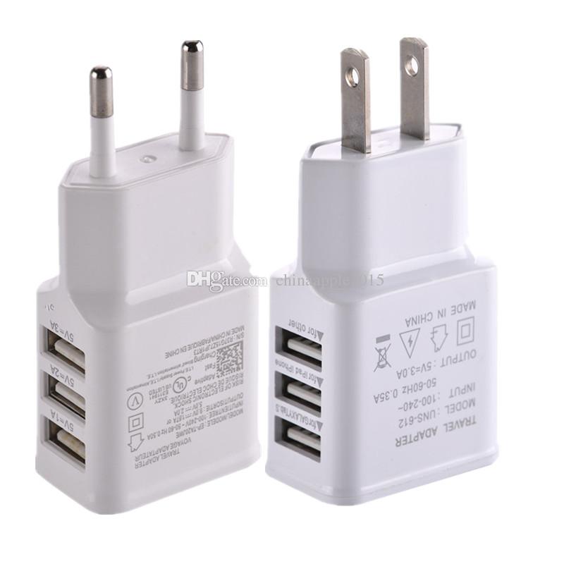 100pcs white 3 usb ports EU US ac home wall charger power adapter for iphone 6 7 8 Samsung galaxy s6 s7 edge android phone mp3 player