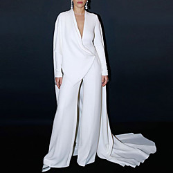 Jumpsuits Celebrity Style Elegant Engagement Formal Evening Dress V Neck Long Sleeve Court Train Stretch Fabric with Solid Tail 2021 Lightinthebox