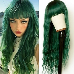 Green Wigs for Women Long Wavy Hair Green Body Wave Wig with Bangs Dark Roots Green Wig Synthetic Loose Curly Wigs Full Machine Wig Cosplay Party Hair Wigs for Fashion Women(24 Inches Green Hair) Lightinthebox
