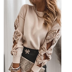 Women's Shirt Blouse Khaki Plain Sequins Cut Out Long Sleeve Daily Weekend Streetwear Ethnic V Neck Regular S Lightinthebox