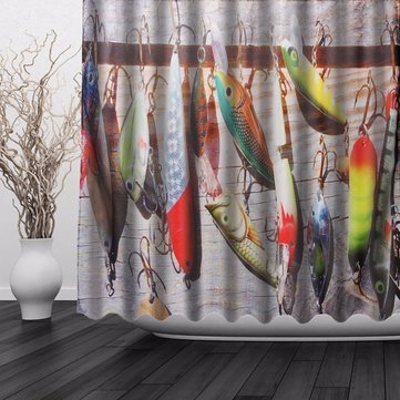 180 x 180cm Thickened Fishing Lures Angler Fish Fisherman Shower Curtain With 12 Hooks