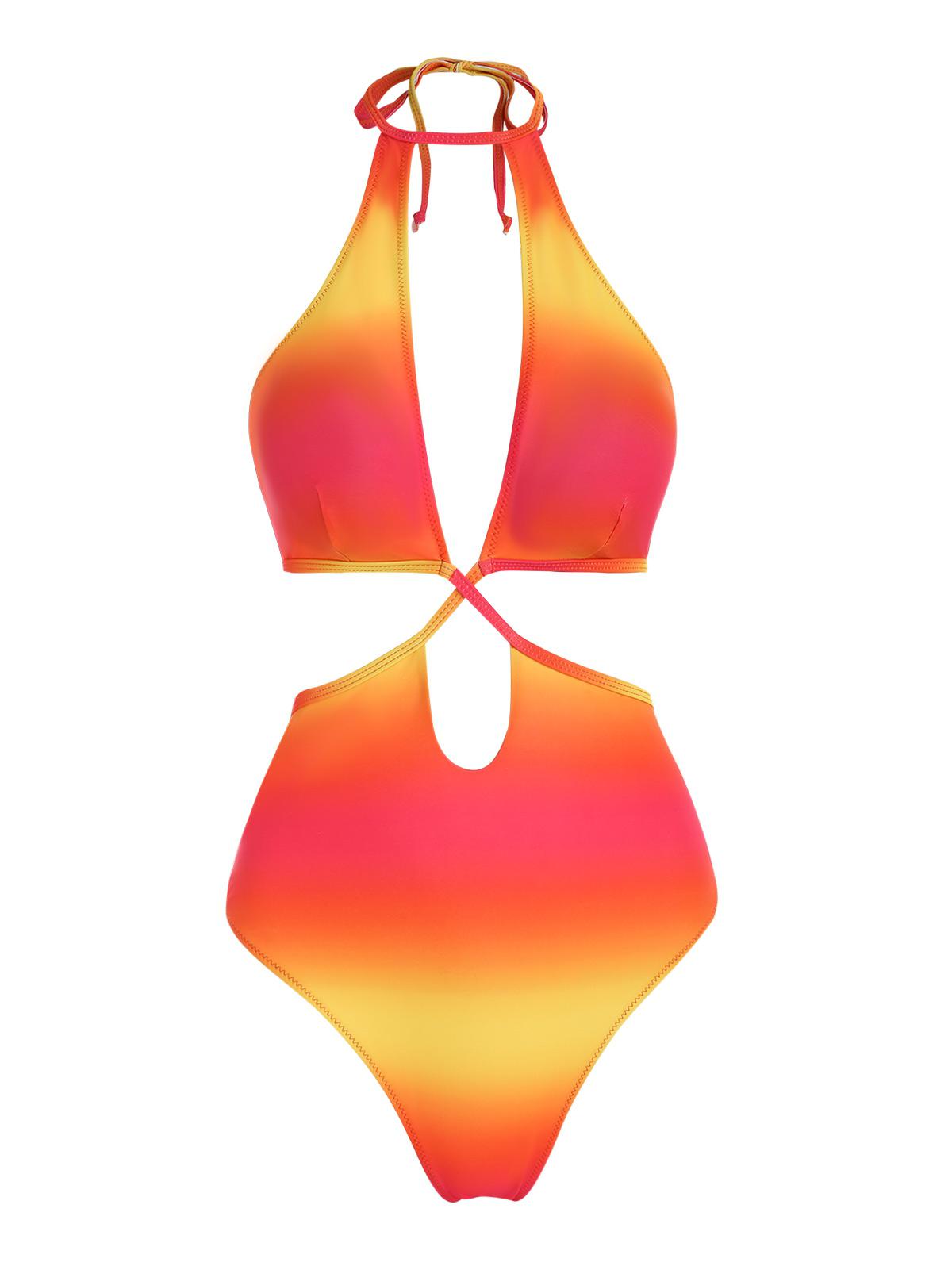 ZAFUL Ombre Cut Out Criss Cross Halter One-piece Swimsuit L Dark orange