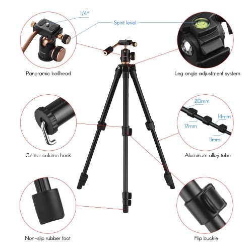 Andoer Q160S Portable Aluminum Alloy Camera Video Tripod Lightweight Travel 3-Section Tripod Flip Buckle Design with 1/4