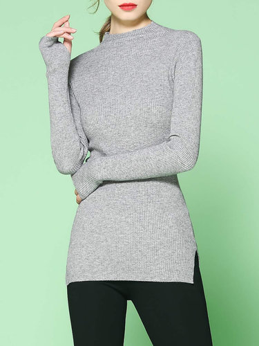 Knitted Slit Simple Stand Collar Sweater