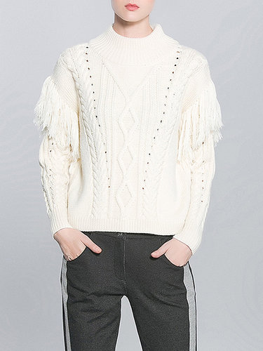 Beige Fringed Casual Stand Collar H-line Sweater