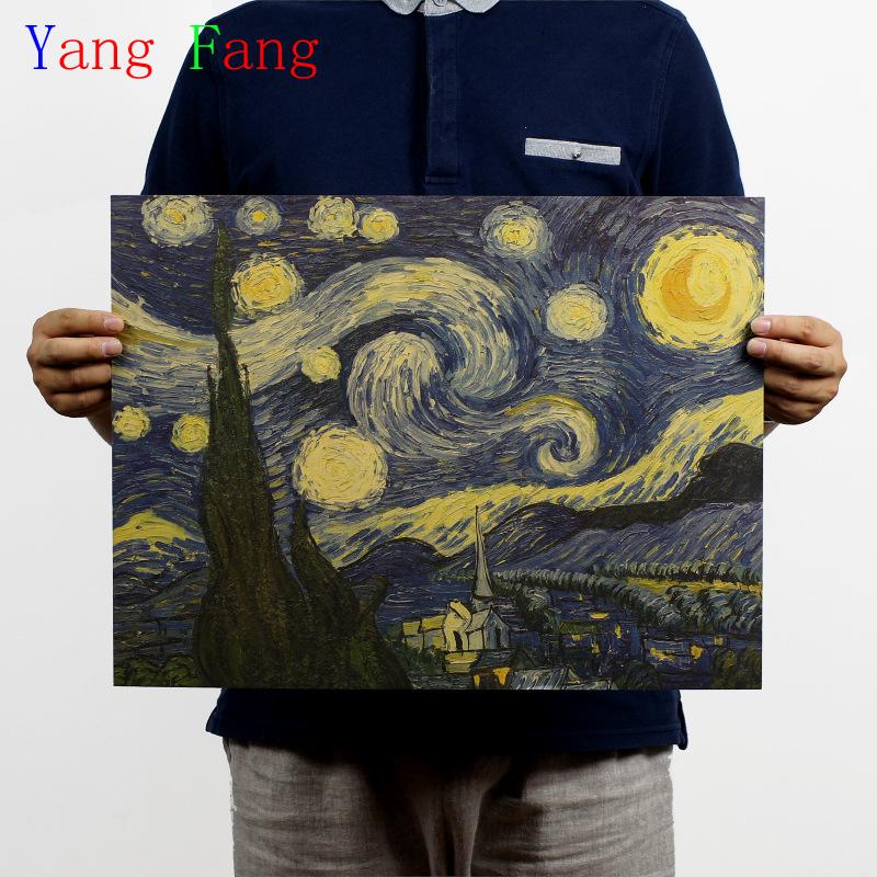 Famous Vintage Van Gogh The Starry Night Painting Poster Retro Kraft Paper Cafe Home Decor Wall Sticker 47x35cm