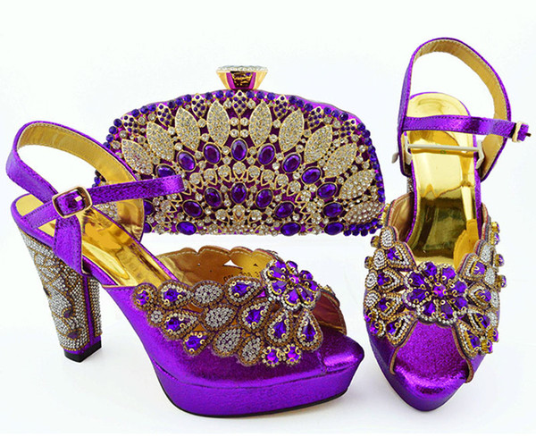Top sale purple women shoes with big crystal and beads for dress african pumps match handbag set QSL008,heel 11.5CM