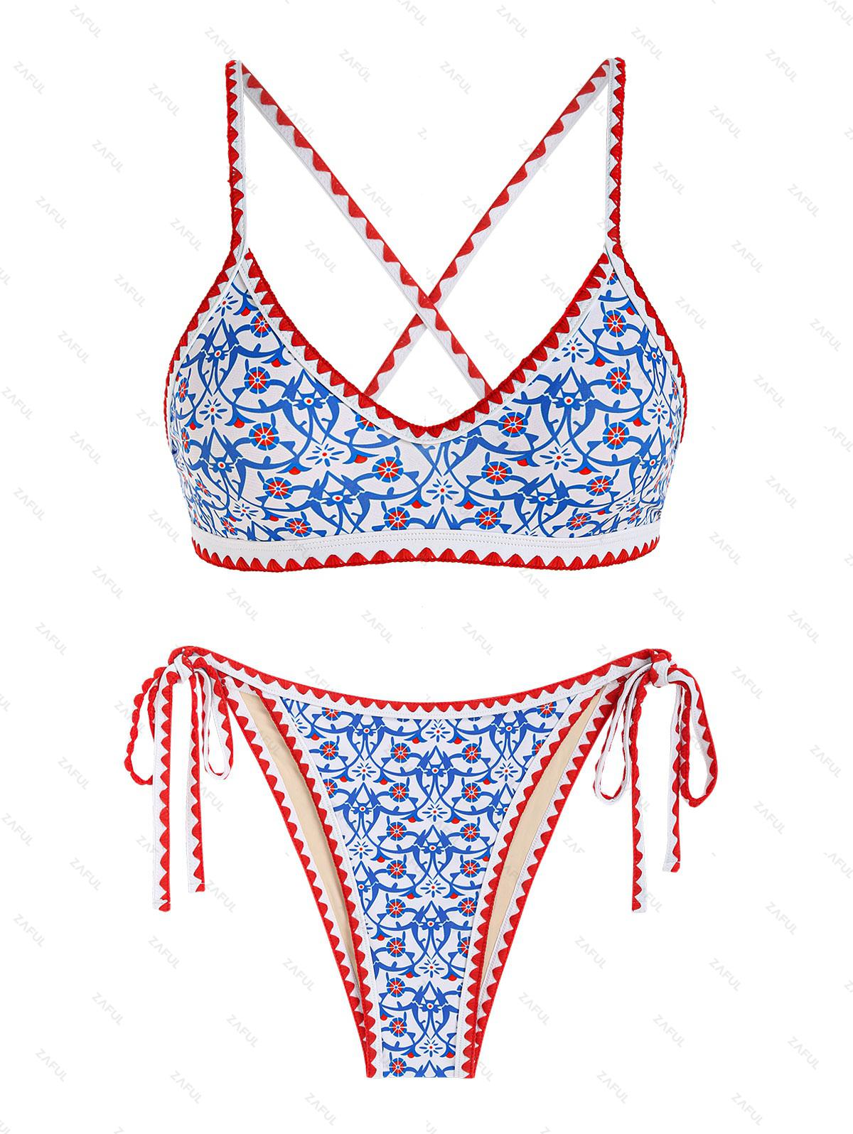 ZAFUL Bohemian Tie Side Whip Stitch Print Criss Cross Bikini Swimwear L Blue