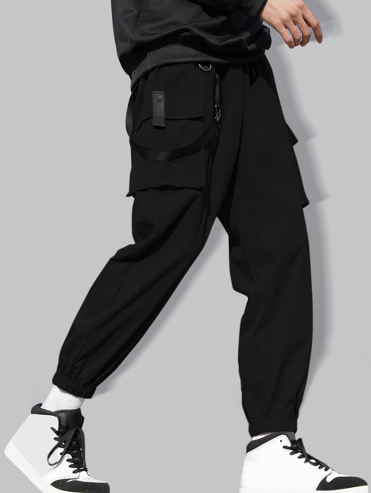 ZAFUL Men's Strap Design Solid Color Streetwear Cargo Pants L Black