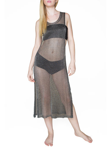 Black Crew Neck Rayon See-through Look Casual Coverup