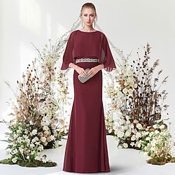 Sheath / Column Minimalist Elegant Engagement Formal Evening Dress Jewel Neck Half Sleeve Floor Length Chiffon with Sash / Ribbon 2022 Lightinthebox