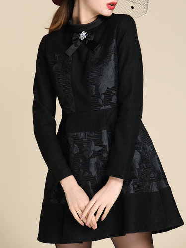 Black Paneled Long Sleeve Jacquard Mini Dress