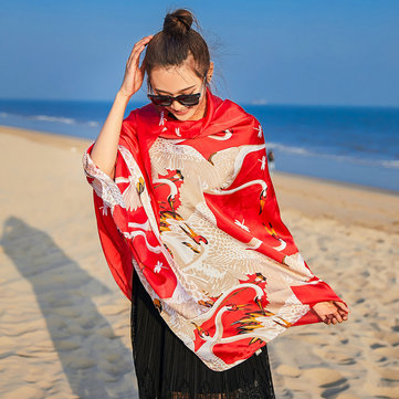 Women Crane Printing Sunscreen Beach Shawls Scarf