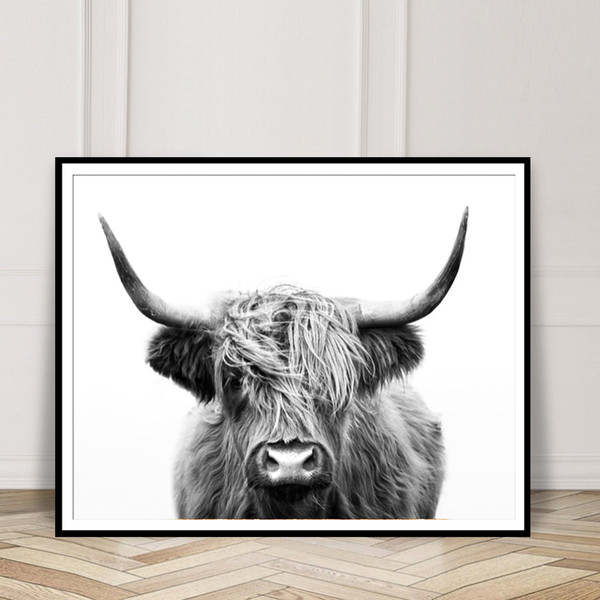 kids room decor simple nordic decoration nursery girl wall art black and white highland cow canvas art print and poster