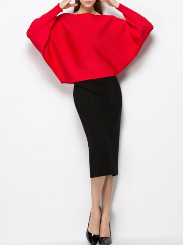 Red Wool Blend Slit Work Two Piece Midi Dress