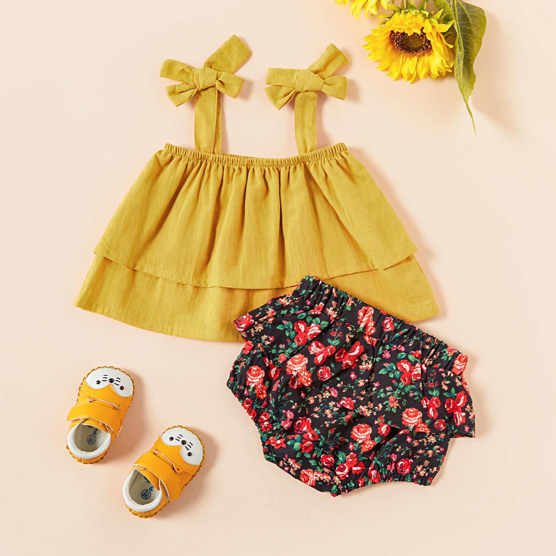 Baby / Toddler Solid Strappy Top and Floral Layered Shorts Set