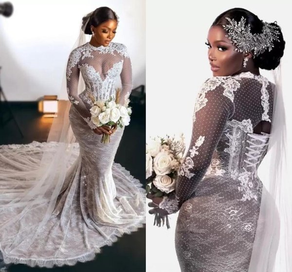 Long Sleeve Mermaid Wedding Dresses Full Applique abito da sposa Vintage Lace-up Corset African Aso Ebi Bridal Dress gown VOG343