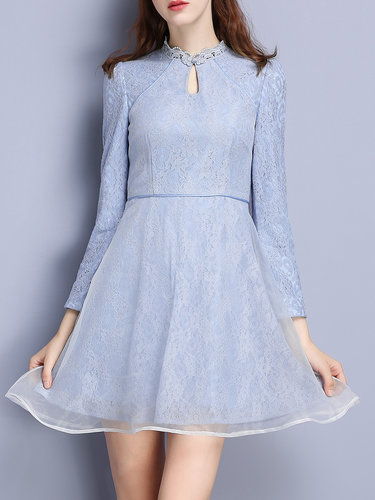 Blue Keyhole Girly A-line Lace Mini Dress