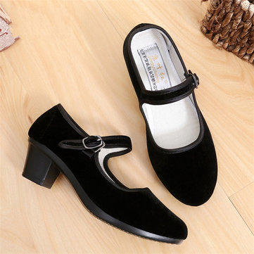 Black Square Heel Buckle Casual Strappy Mary Jane Shoes