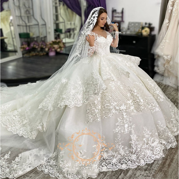 Gorgeous Lace Ball Gown Wedding Dresses Princess With Long Sleeve V-neck Ruffle Layers Chapel Train Bridal Dress Vestidos De Novia Plus Size