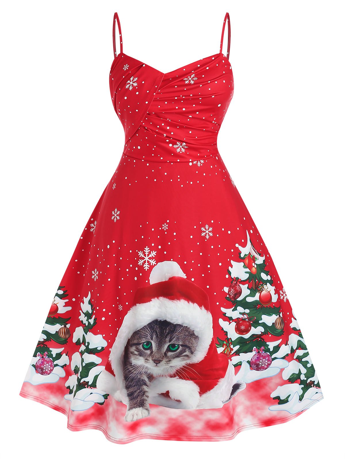 Plus Size Christmas Cat Tree Print Midi Dress