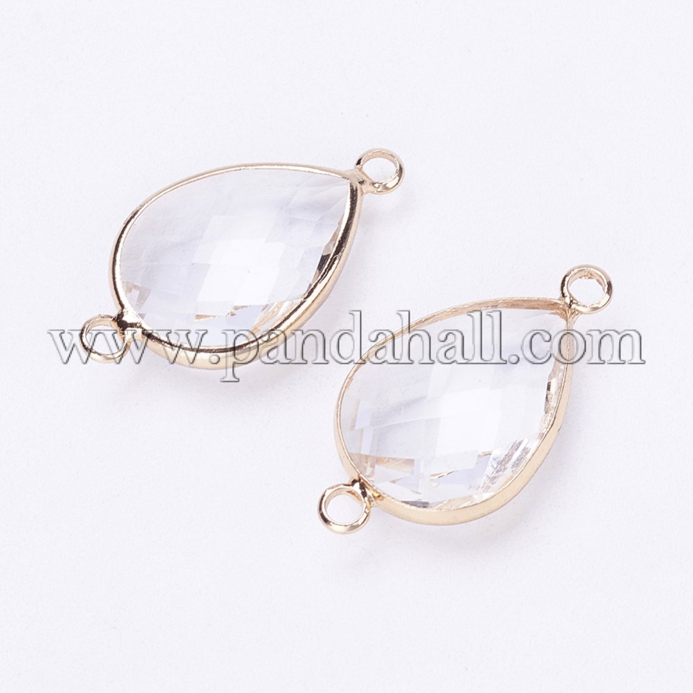 Glass Links/Connectors, with Brass Findings, Faceted, Drop, Light Gold, Clear, 25.5x14x6mm, Hole: 2.5mm