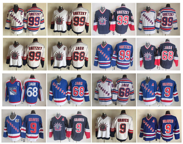 Vintage New York Rangers 99 Wayne Gretzky 9 Adam Graves 68 Jaromir Jagr Blue White CCM Retro Hockey Jerseys Size 48-56