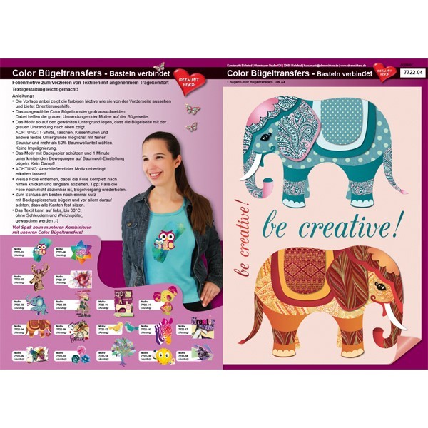 Color Bügeltransfers, DIN A4, Bastelspruch, Kreativer Elefant