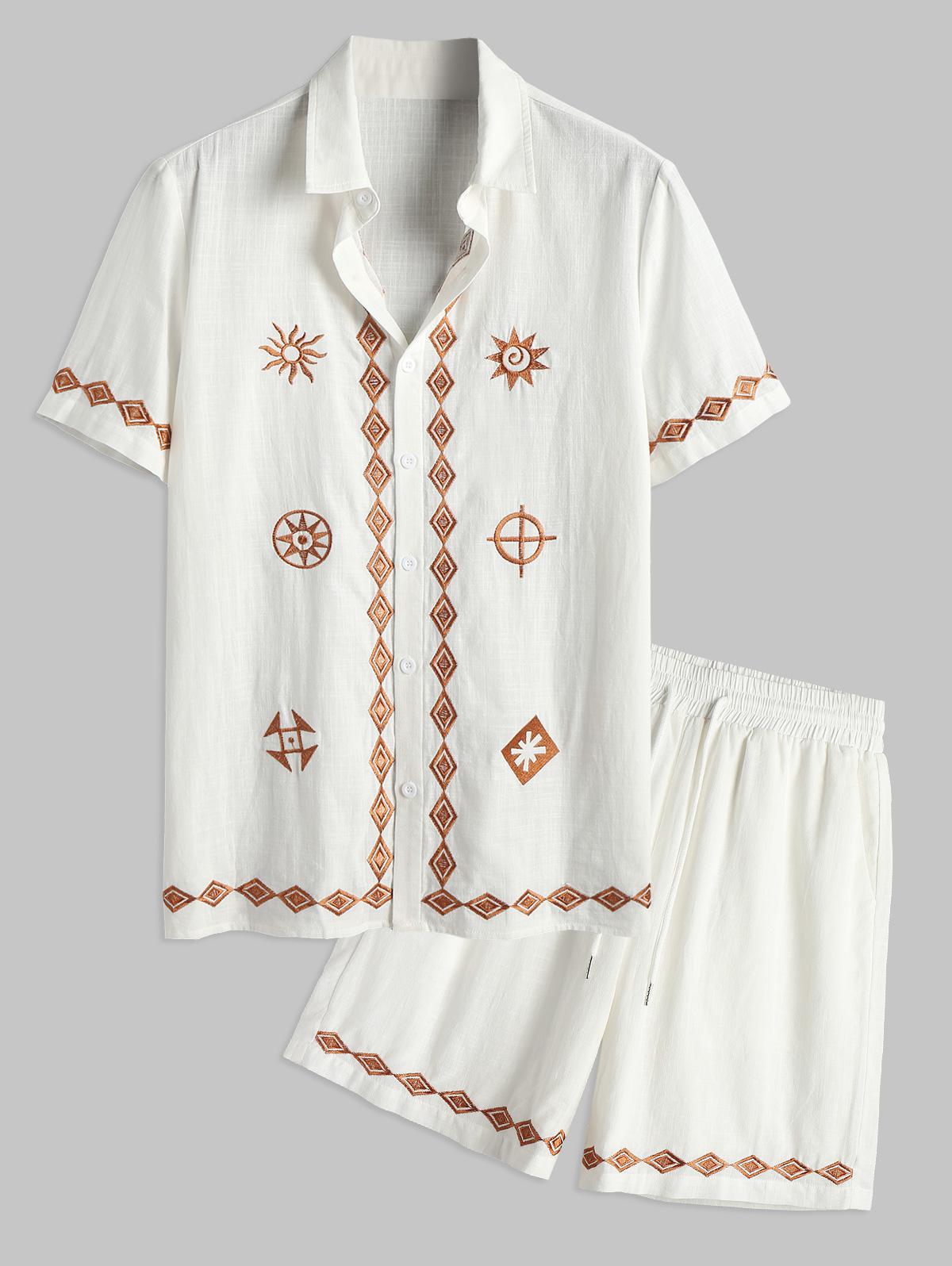 ZAFUL Men's ZAFUL Cotton and Linen Textured Ethnic Printed Geometric Embroidered Shirt and Shorts Set S White