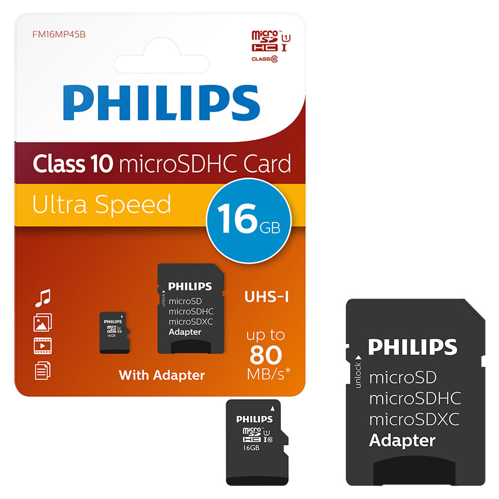 Philips Micro SD SDHC Memory Card Class 10 with Full Size SD Adapter - 16GB