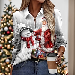 Christmas Shirt Women's Shirt Blouse Santa Claus Snowman Red Blue Green Print Button Long Sleeve Christmas Casual Festival / Holiday Shirt Collar Regular Fit Spring   Fall Lightinthebox