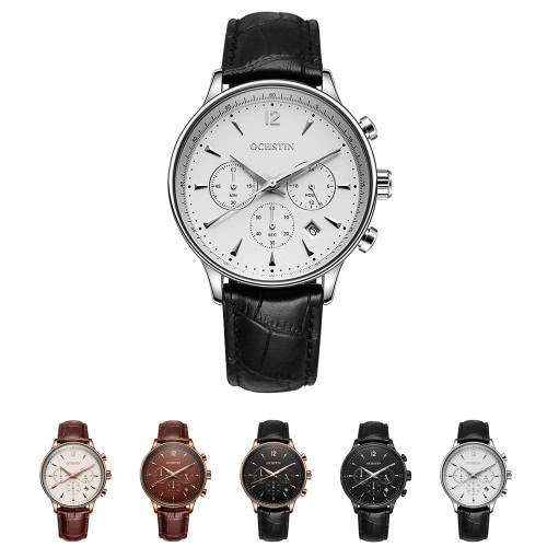 OCHSTIN New Luxury Brand Genuine Leather Men Business Watch Quartz Analog Water-Proof Mans Wristwatch Chronograph Calendar + Box