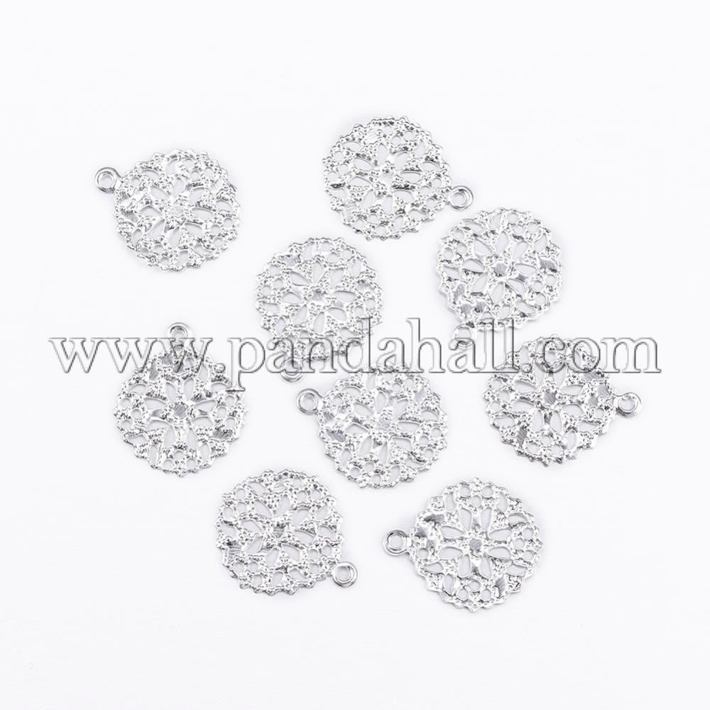 Flat Round Brass Flower Filigree Findings Charms Pendants, Silver, 15x13x0.5mm, Hole: 1mm
