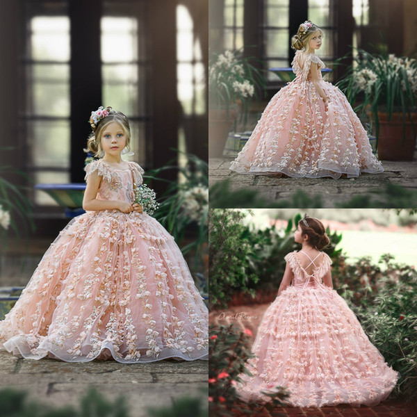 Cute Pink Lace 2020 Flower Girl Dresses 3D Floral Appliqued Cap Sleeve Little Kids Wedding Dresses Beautiful Girls Pageant Dress Party Gowns