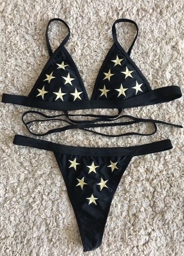 Women Bikini Set Embroidered Stars Low Waist Tied Back Padded Two Pieces Swimsuit Swimwear