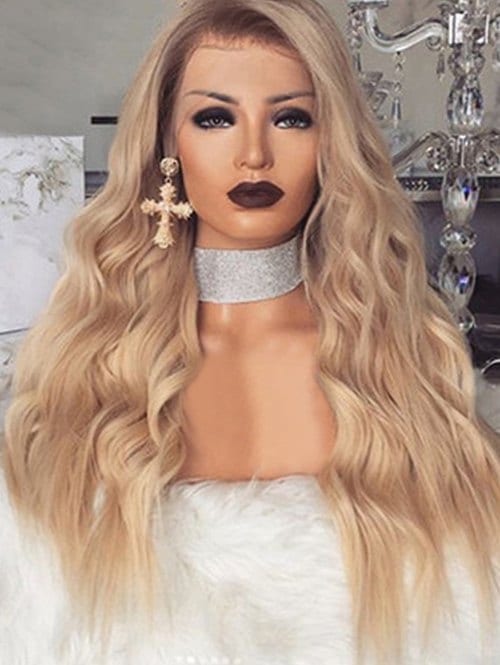 Long Wavy Synthetic Center Part Wig with Front Lace