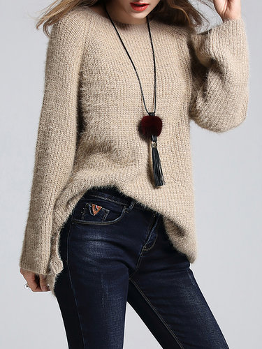 Apricot Raglan Sleeve Knitted Simple Sweater