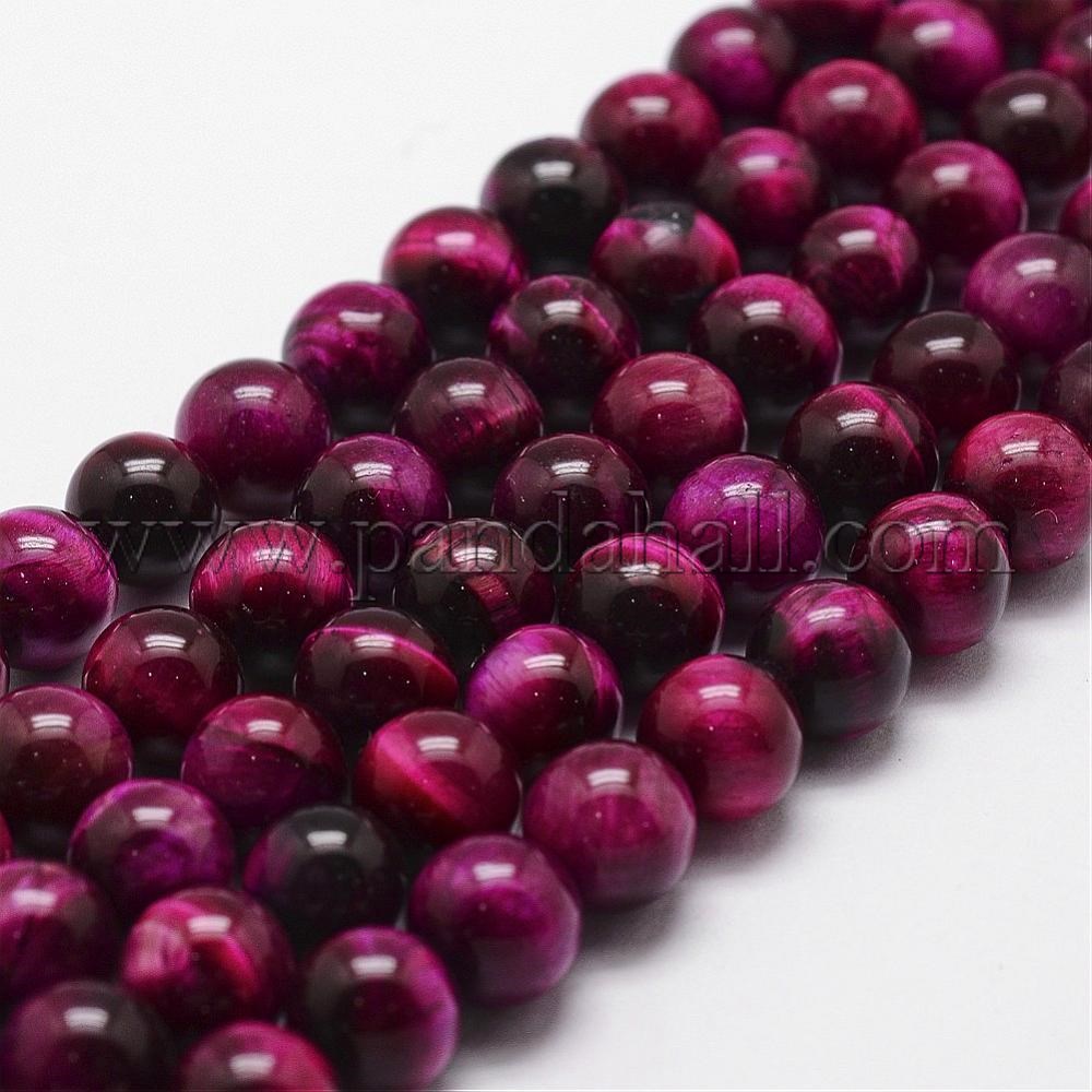 Natural Tiger Eye Bead Strands, Dyed & Heated, Round, MediumVioletRed, 6mm, Hole: 1mm; about 61pcs/strand, 14.9''~15.1''