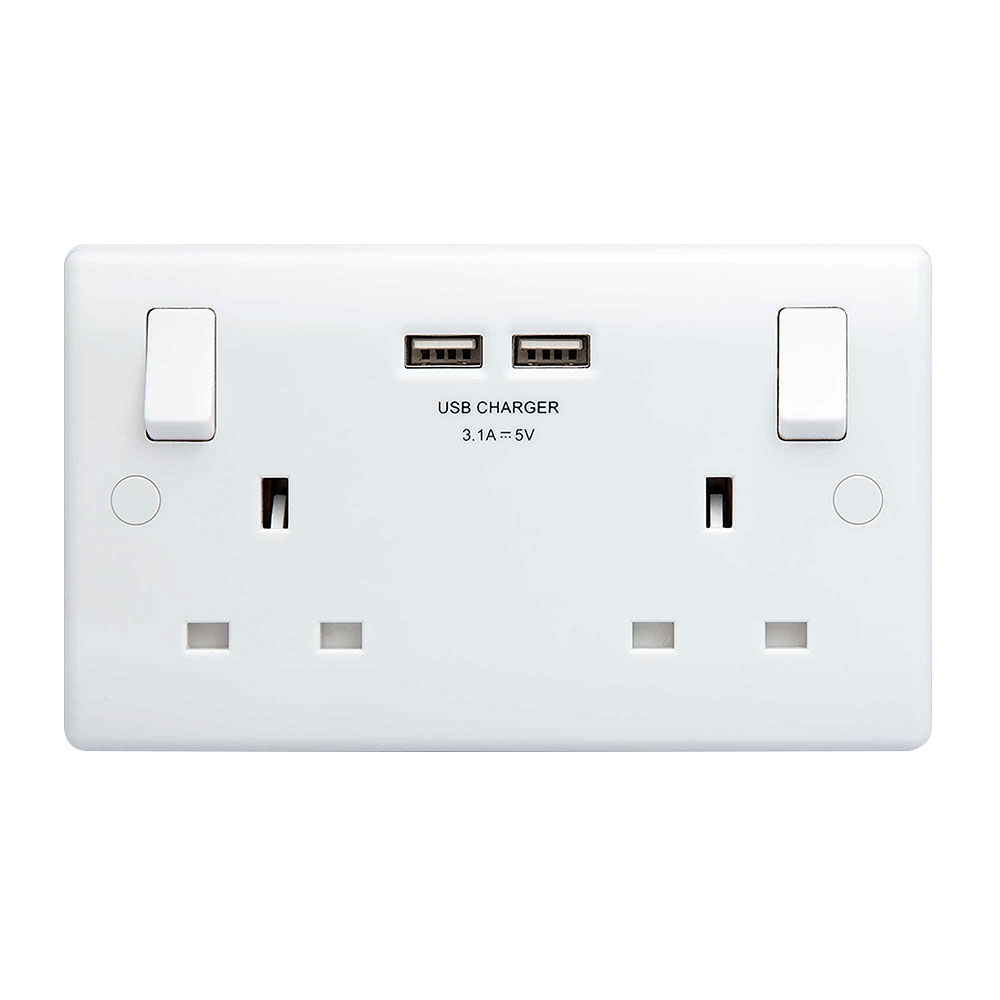 BG Electrical 822U3 Double Electrical Socket with 2 USB Ports - High 3.1Amp Output