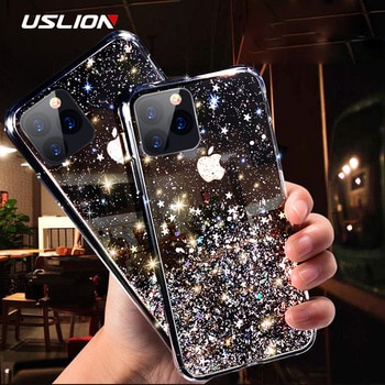 USLION Glitter Transparent Phone Case For iPhone 11 Pro Max X XR Xs Max Bling Powder Soft Silicon Cover For iPhone 6 6s 7 8 Plus